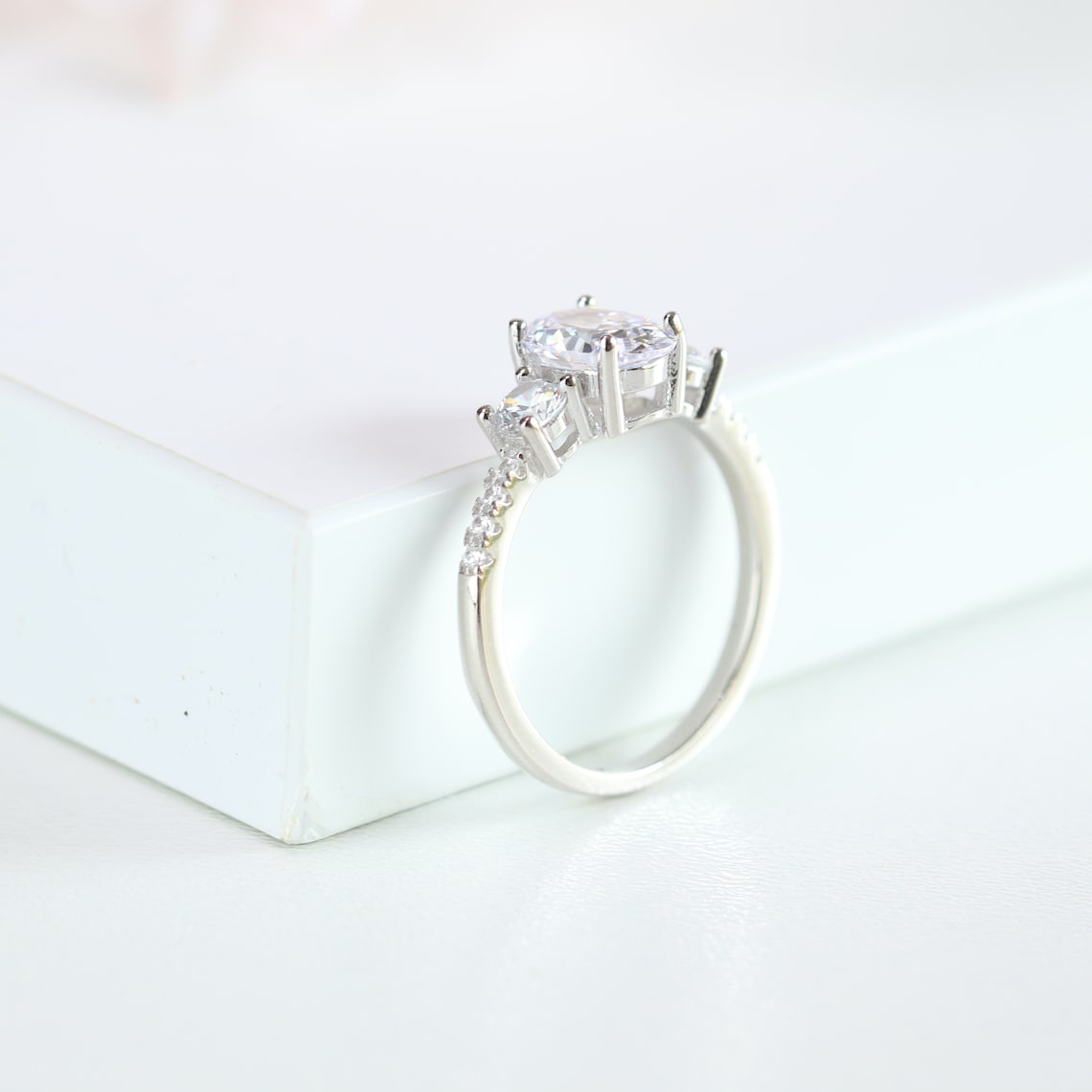 1.50 CT Oval Moissanite Three Stone & Pave Setting Engagement Ring