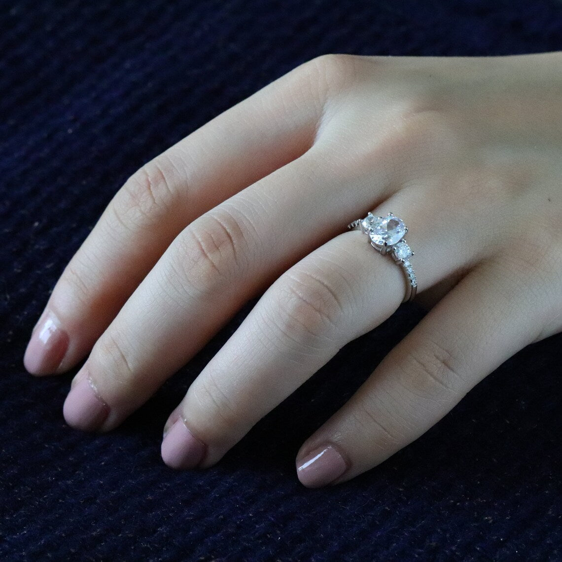 1.50 CT Oval Moissanite Three Stone & Pave Setting Engagement Ring