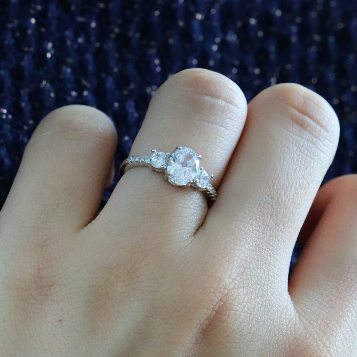 1.50 CT Oval Moissanite Three Stone & Pave Setting Engagement Ring