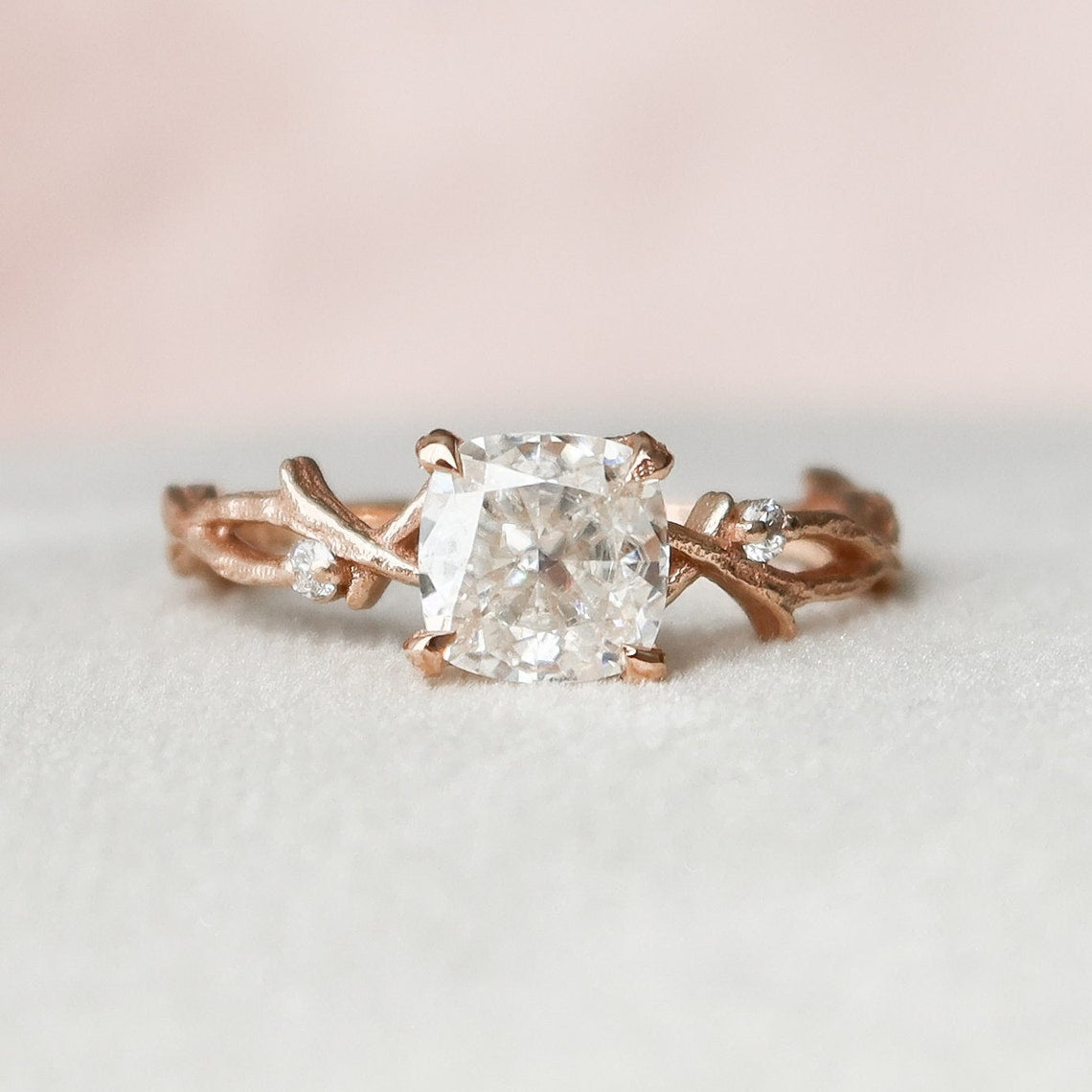 1.0CT Cushion Cut Twig Branch Moissanite Diamond Engagement Ring