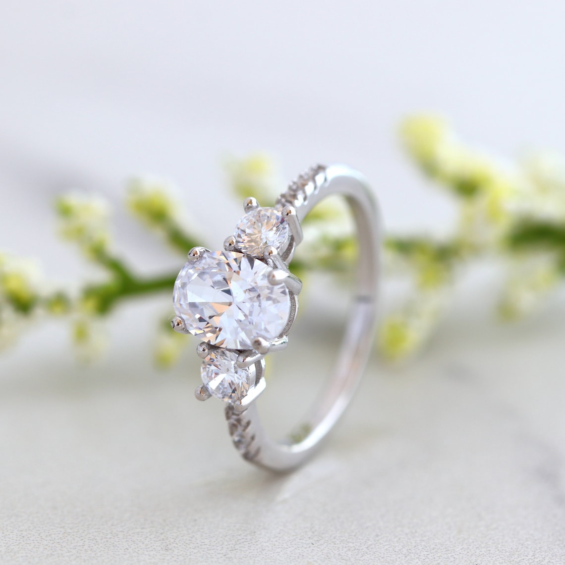 1.50 CT Oval Moissanite Three Stone & Pave Setting Engagement Ring