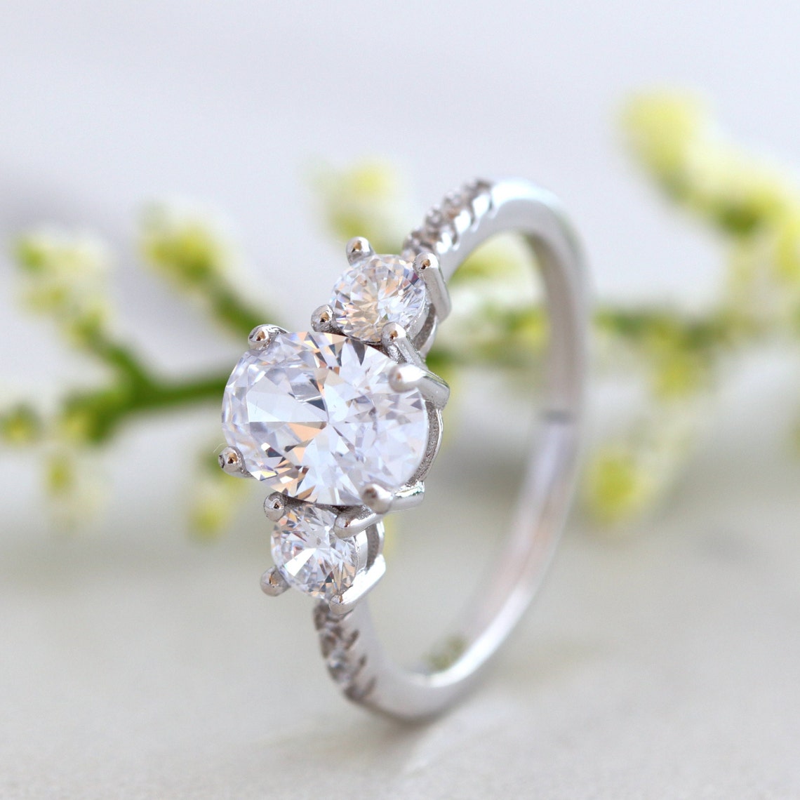 1.50 CT Oval Moissanite Three Stone & Pave Setting Engagement Ring