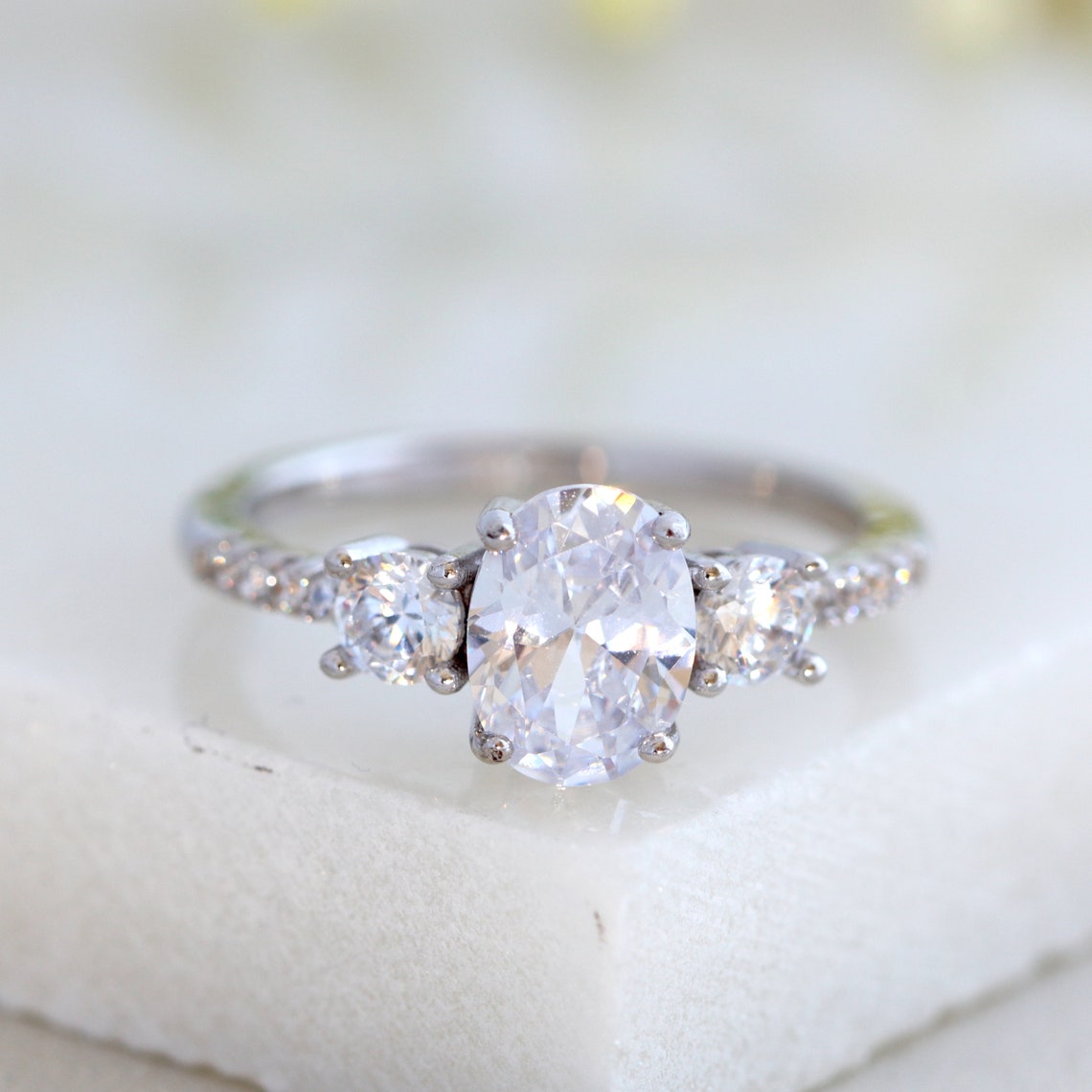 1.50 CT Oval Moissanite Three Stone & Pave Setting Engagement Ring