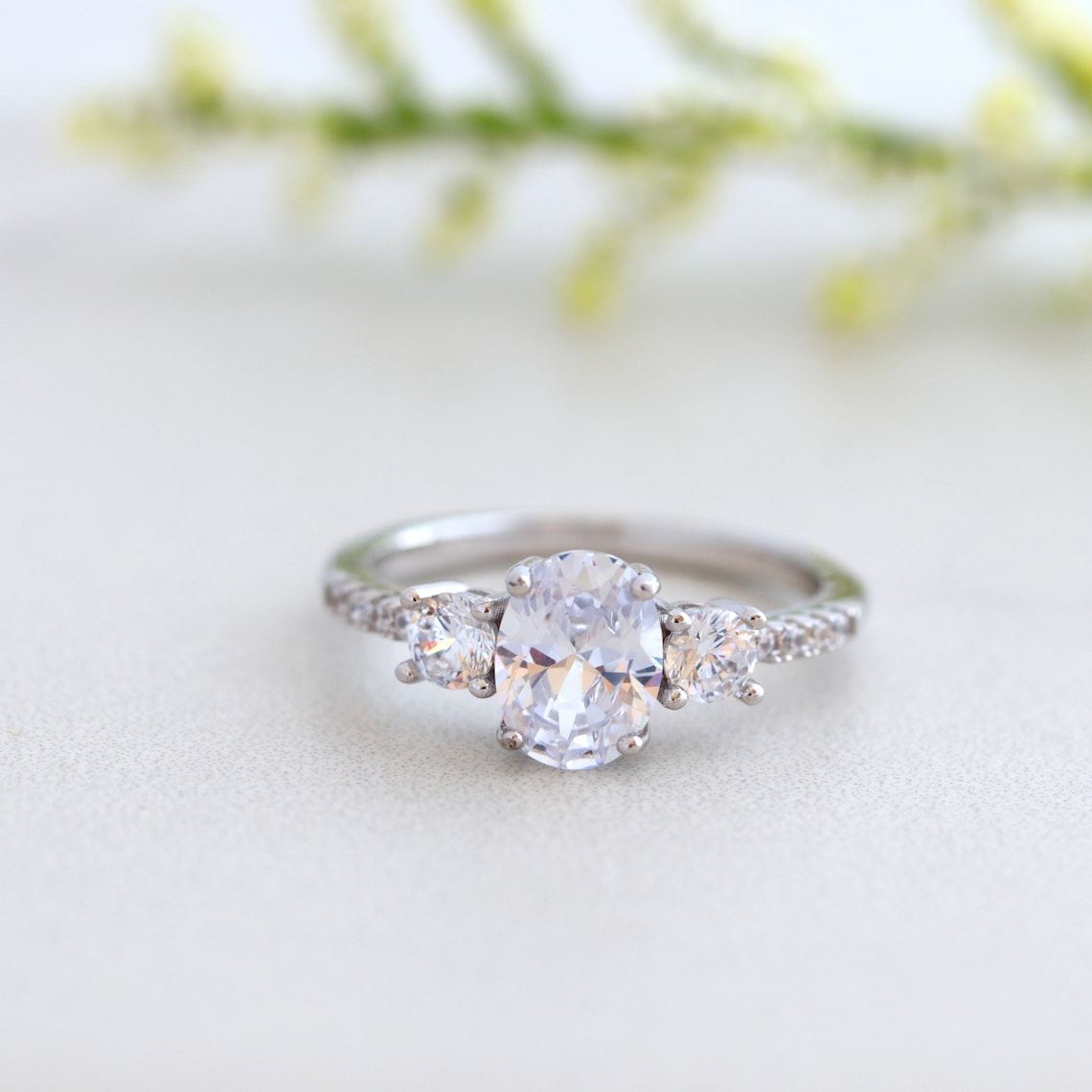 1.50 CT Oval Moissanite Three Stone & Pave Setting Engagement Ring