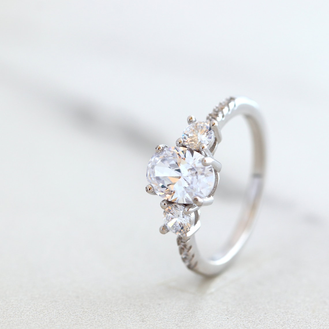 1.50 CT Oval Moissanite Three Stone & Pave Setting Engagement Ring