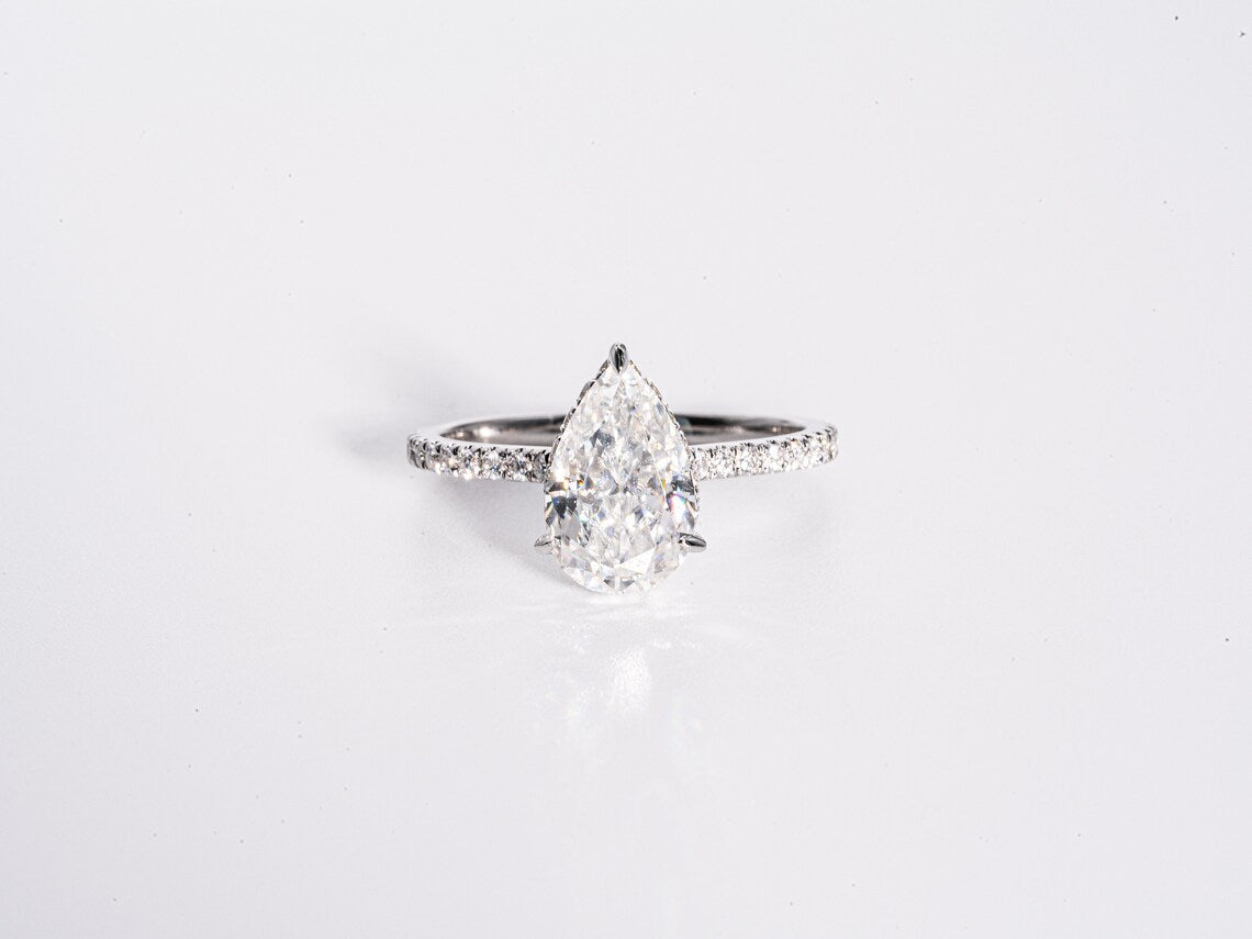 3.0 CT Pear Moissanite Hidden Halo Engagement Ring With Pave Setting