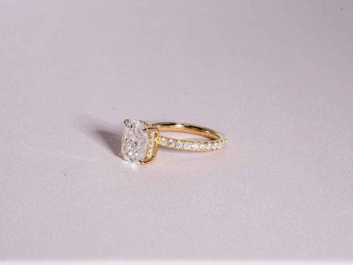 3.0 CT Elongated Cushion Moissanite Hidden Halo Engagement Ring With Pave Setting