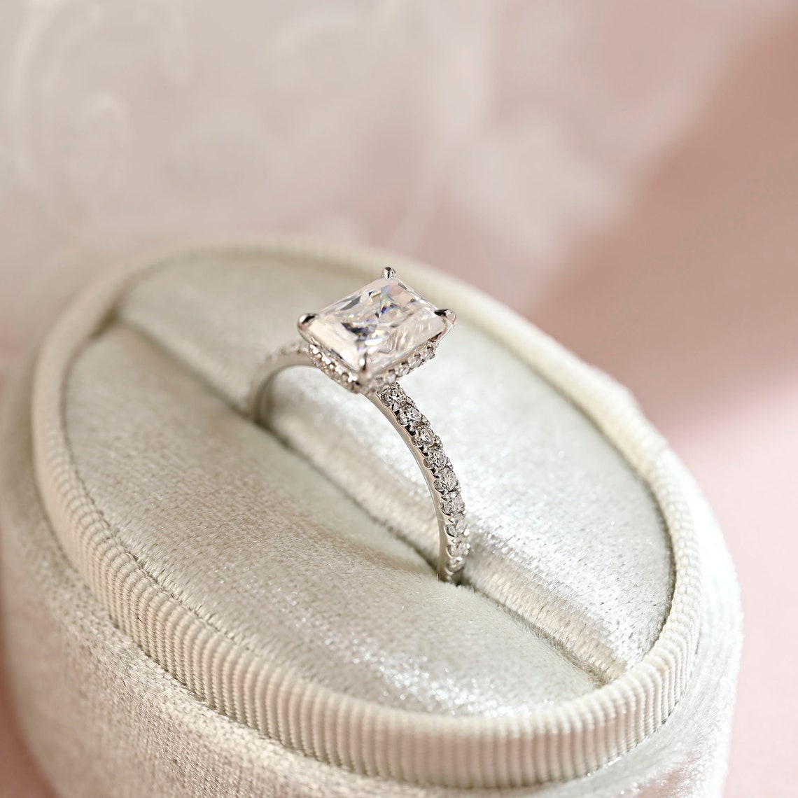 1.5 CT Radiant Moissanite Hidden Halo & Pave Engagement Ring