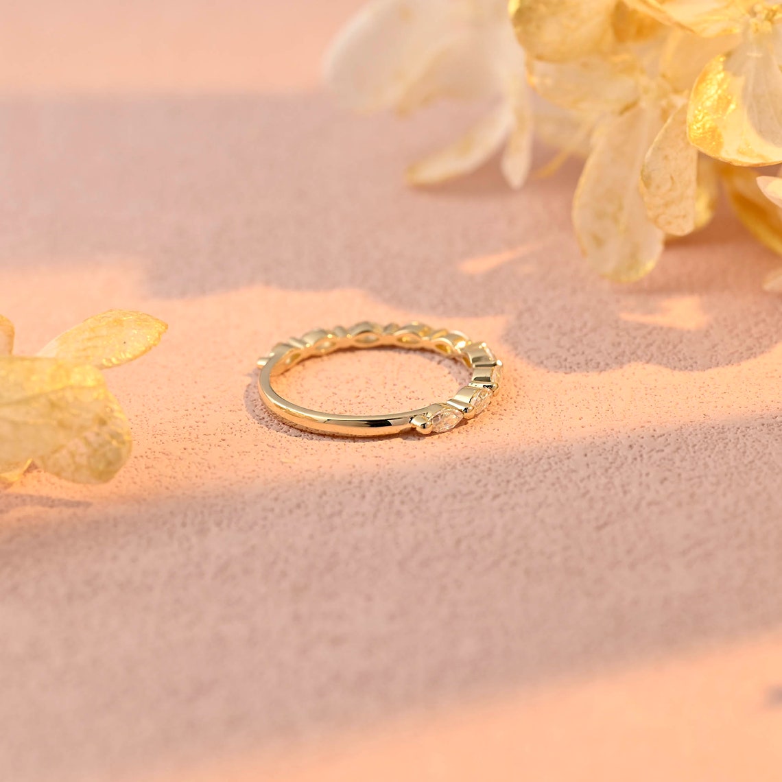 0.72 TCW Marquise Moissanite Bubble Prongs Wedding Band