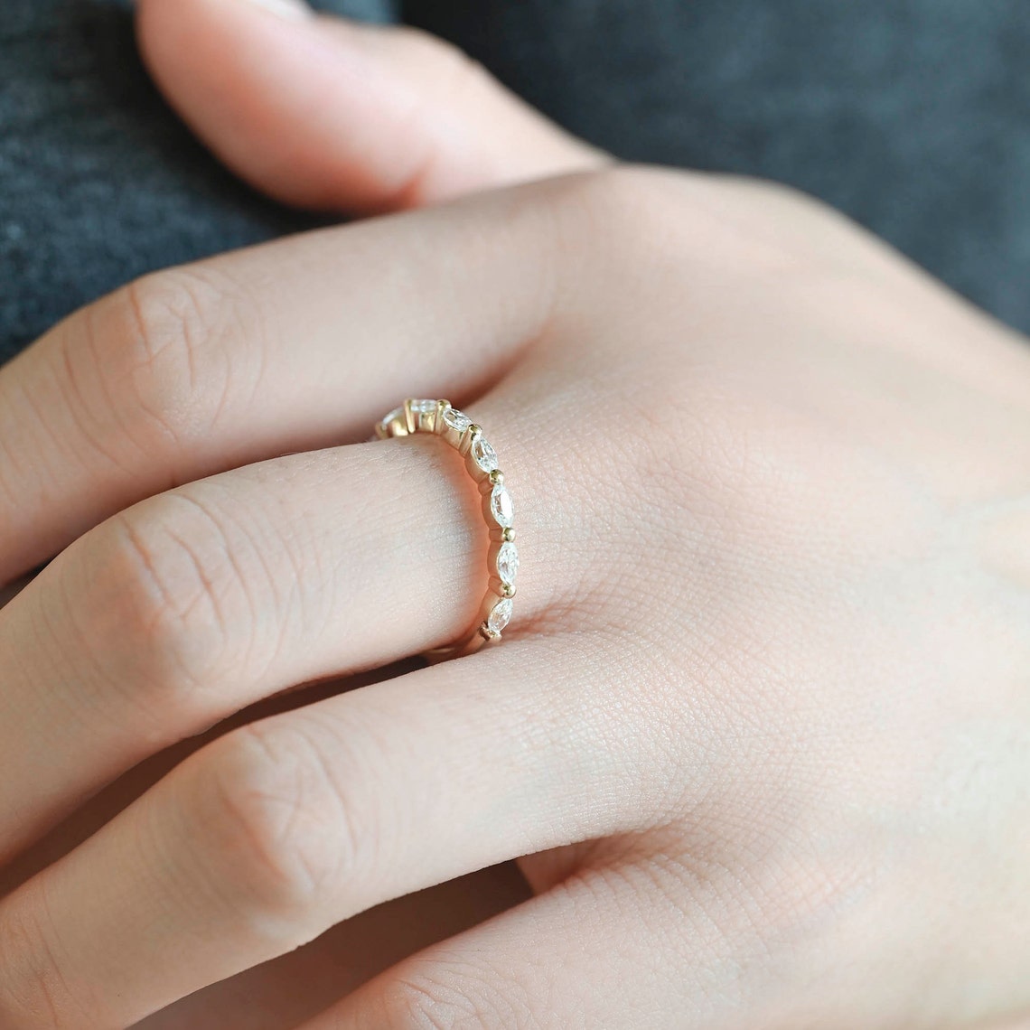 0.72 TCW Marquise Moissanite Bubble Prongs Wedding Band