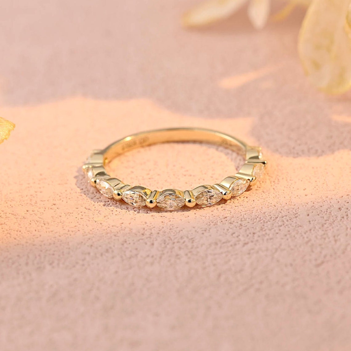0.72 TCW Marquise Moissanite Bubble Prongs Wedding Band