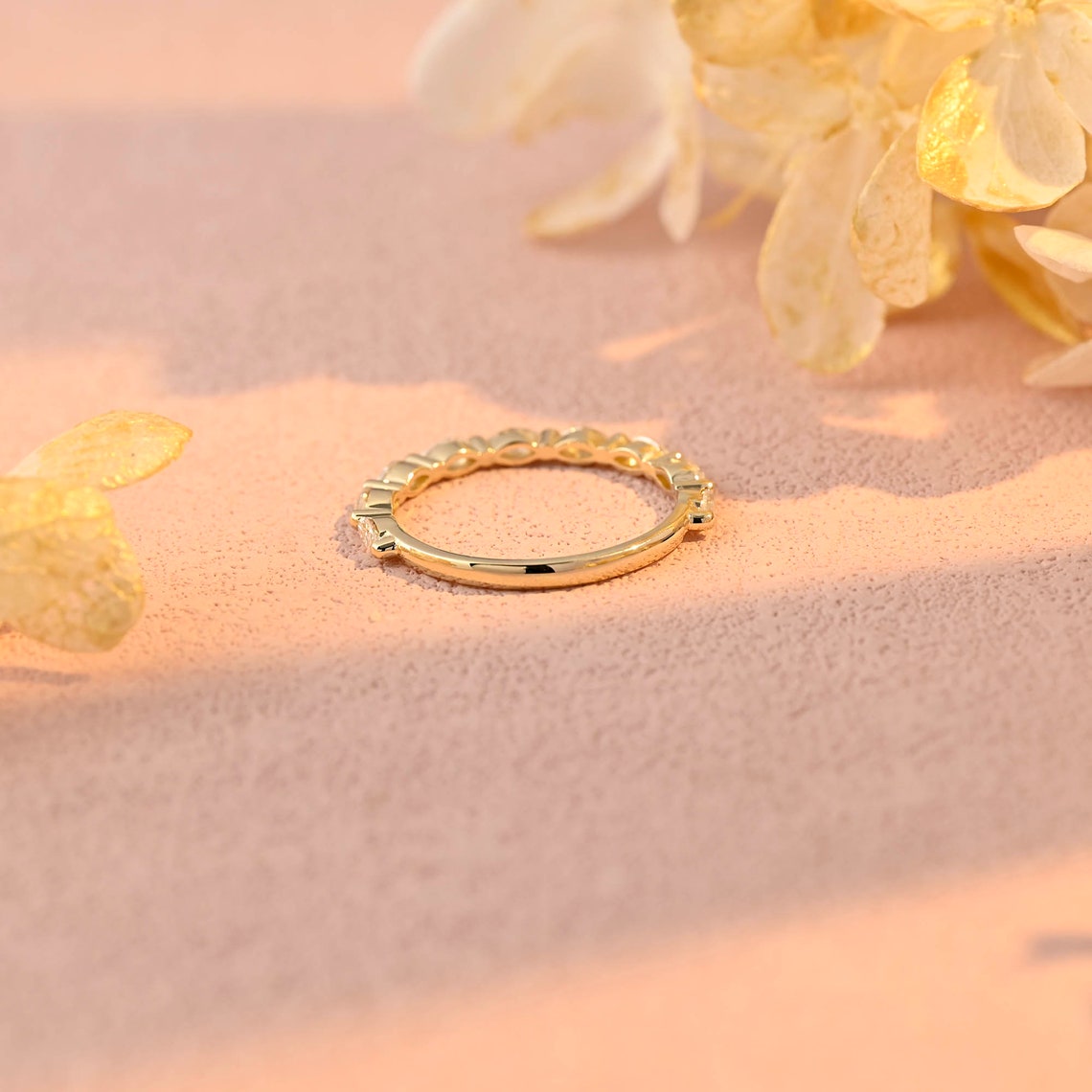 0.72 TCW Marquise Moissanite Bubble Prongs Wedding Band