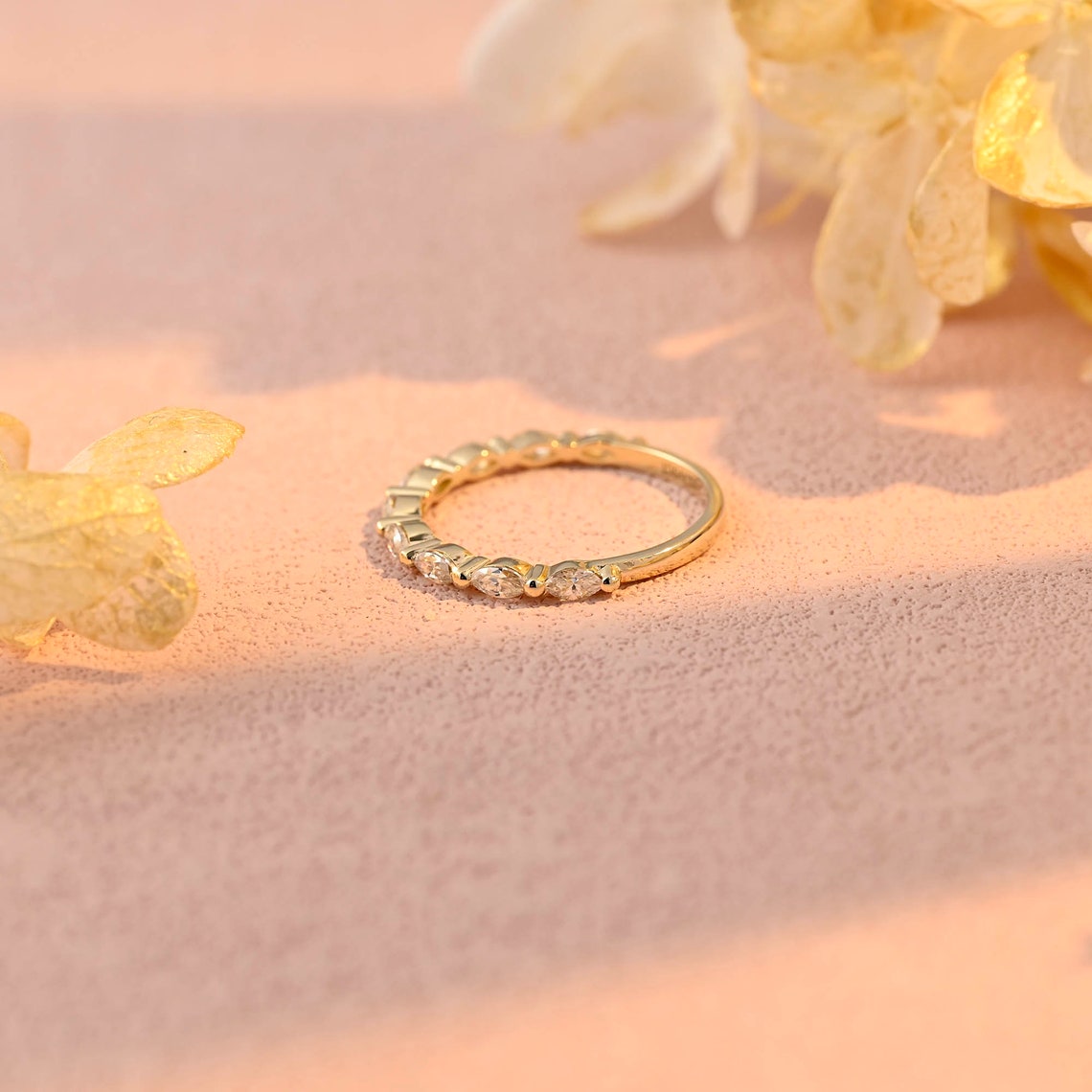 0.72 TCW Marquise Moissanite Bubble Prongs Wedding Band