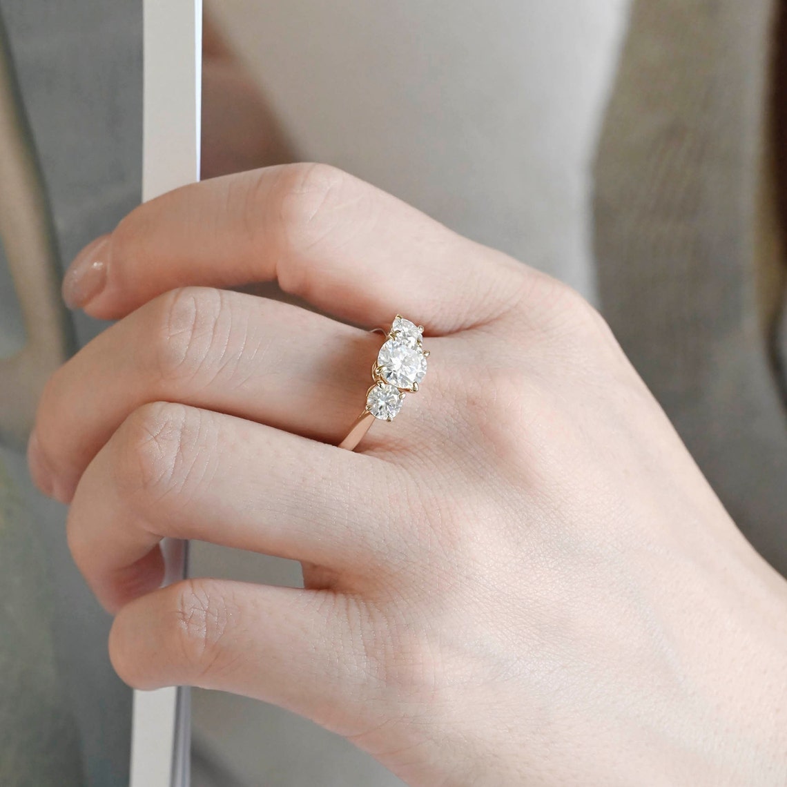 1.5 CT Round Moissanite Three Stone Engagement Ring
