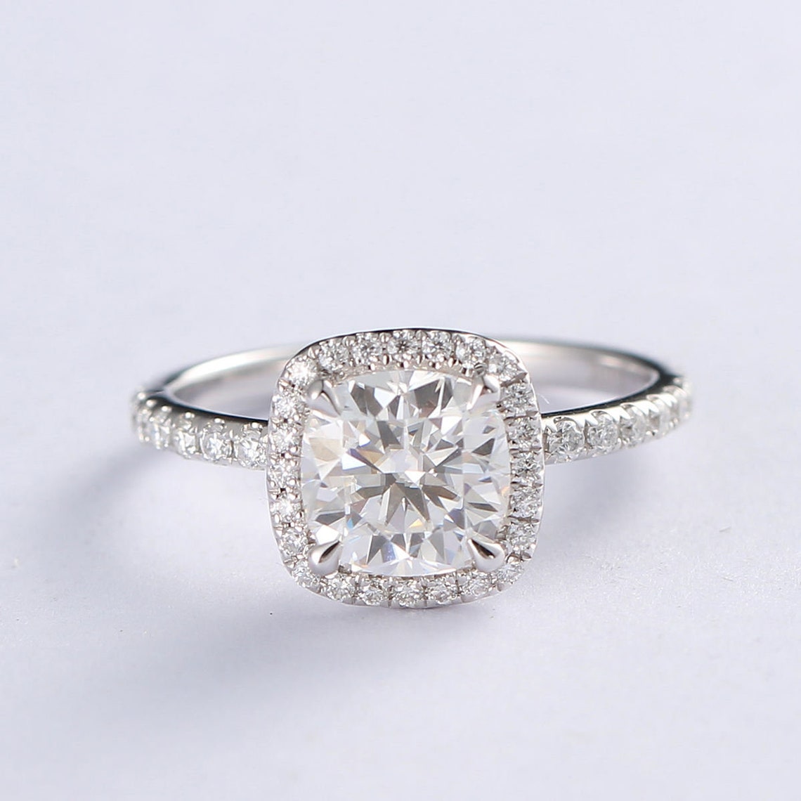 2.11 CT Cushion Moissanite Halo Engagement Ring With Pave Setting