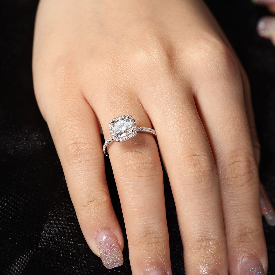 2.11 CT Cushion Moissanite Halo Engagement Ring With Pave Setting