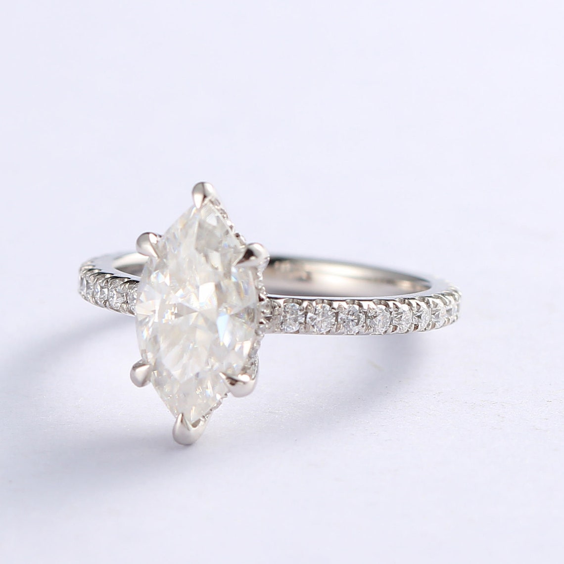 2.0 CT Marquise Moissanite Hidden Halo Engagement Ring With Pave Setting