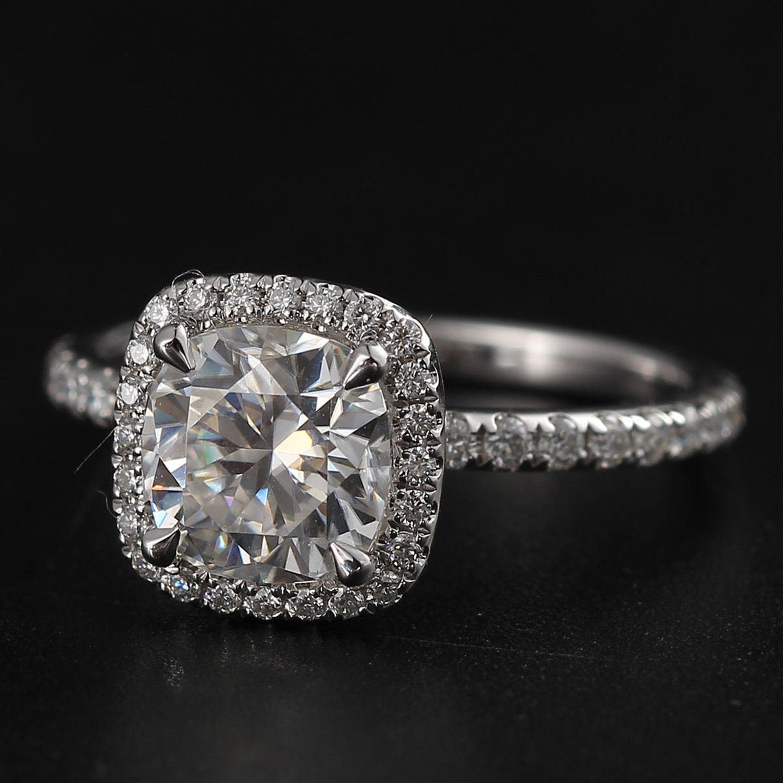 2.11 CT Cushion Moissanite Halo Engagement Ring With Pave Setting