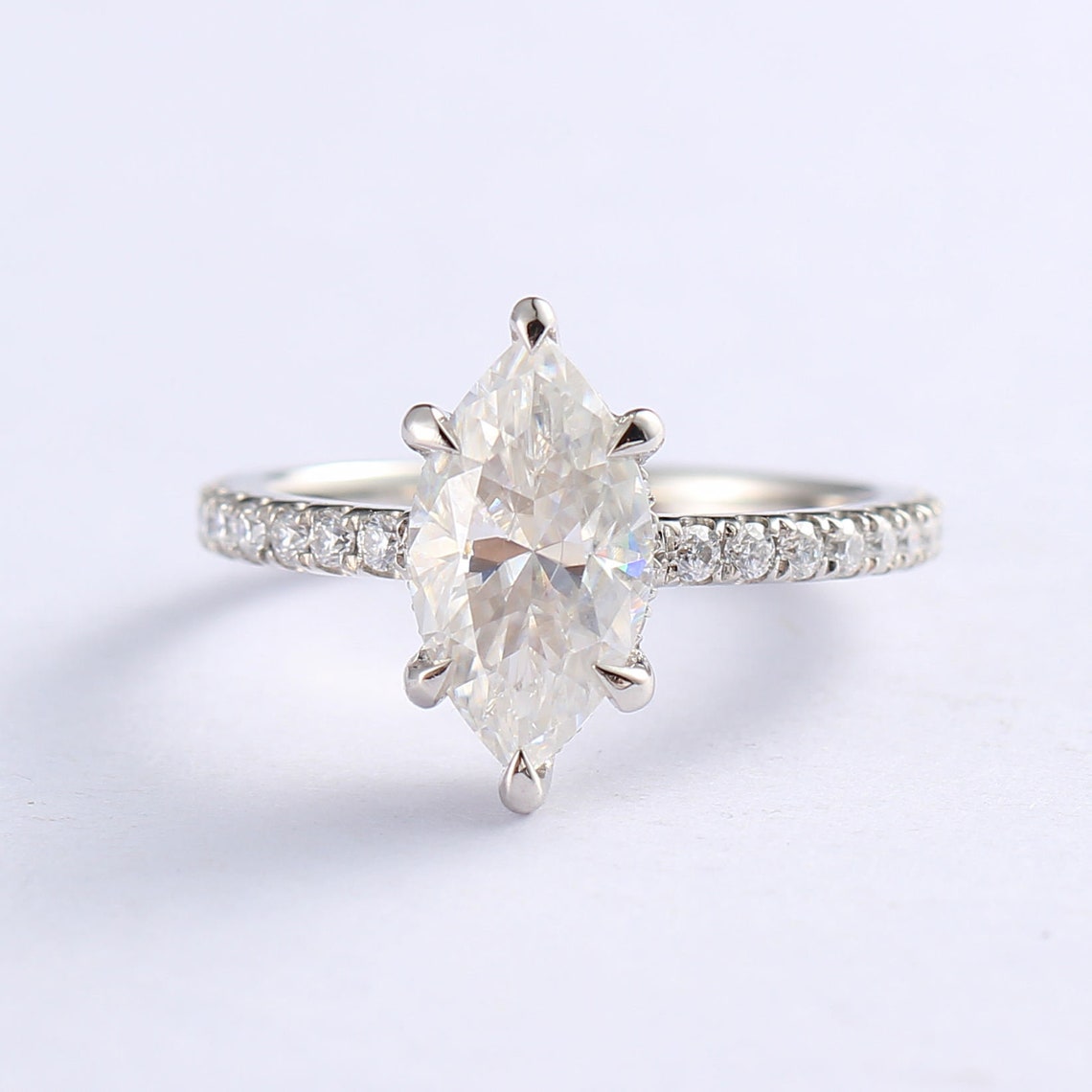 2.0 CT Marquise Moissanite Hidden Halo Engagement Ring With Pave Setting