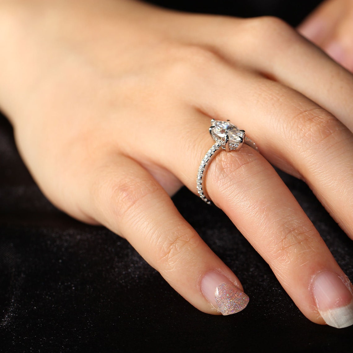 2.0 CT Marquise Moissanite Hidden Halo Engagement Ring With Pave Setting