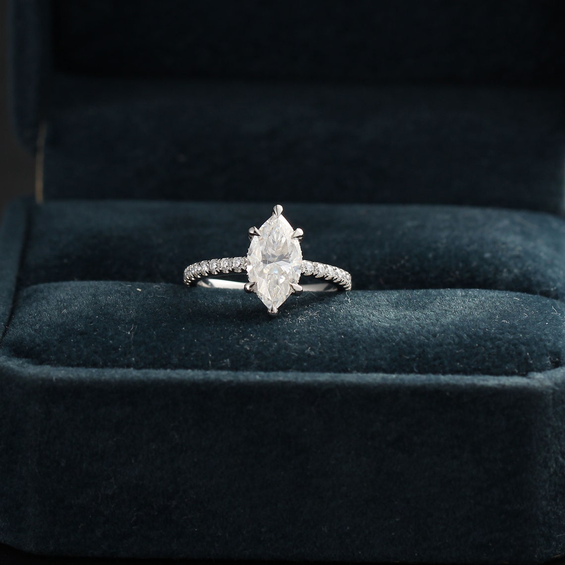 2.0 CT Marquise Moissanite Hidden Halo Engagement Ring With Pave Setting