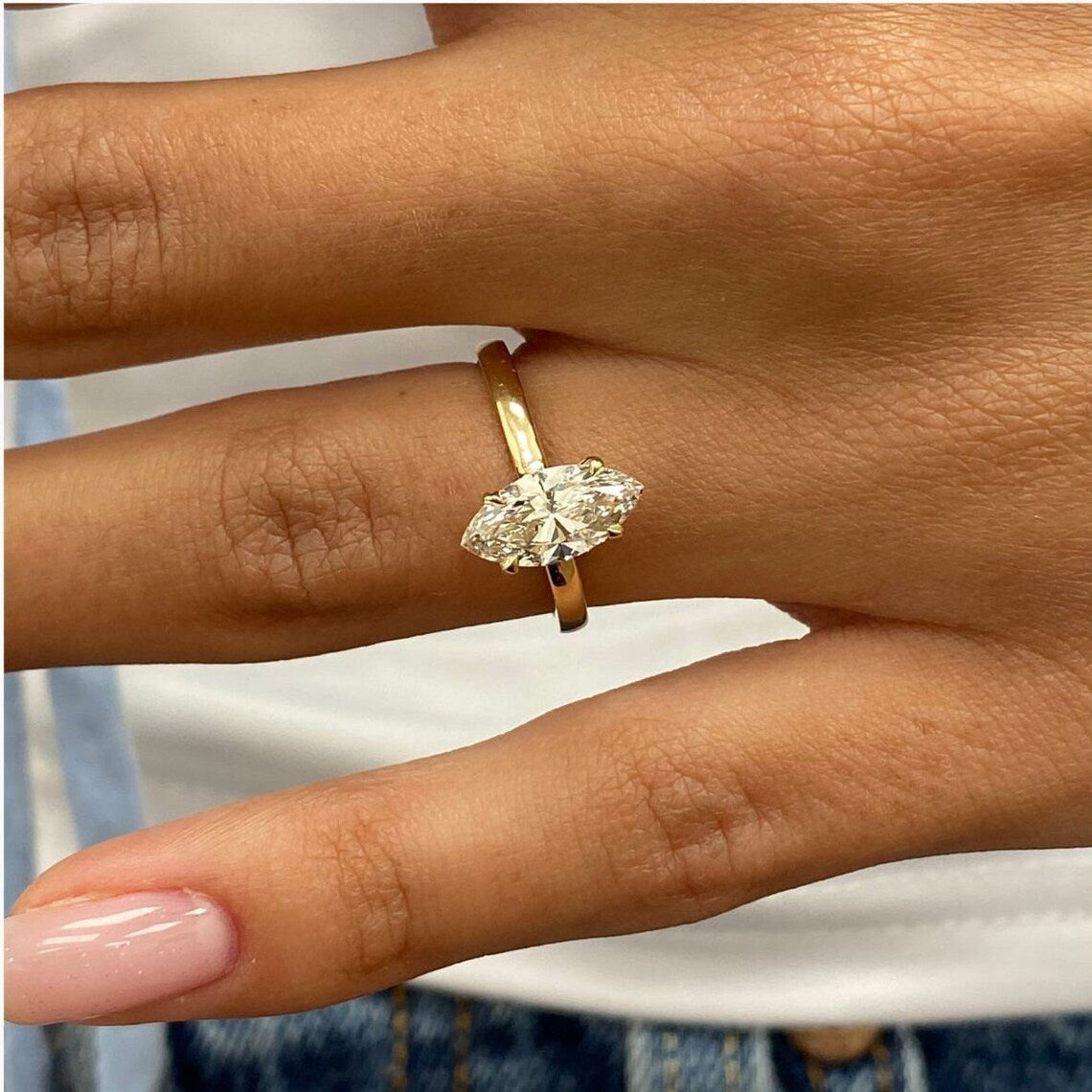 1.01 CT Marquise Moissanite Hidden Halo Engagement Ring
