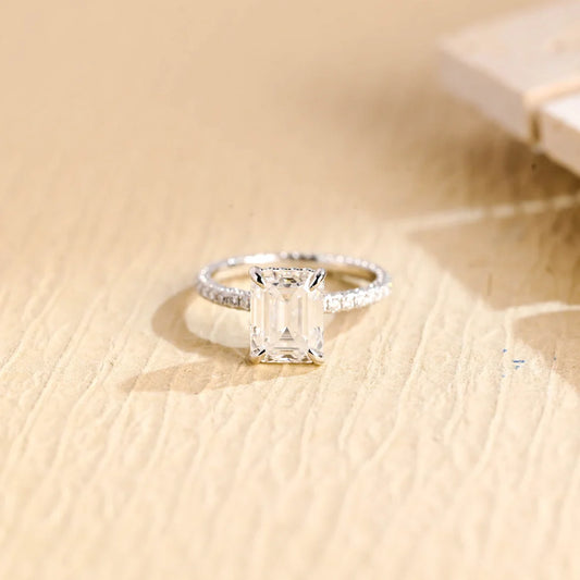 1.50 CT Emerald Cut Hidden Halo Moissanite Engagement Ring