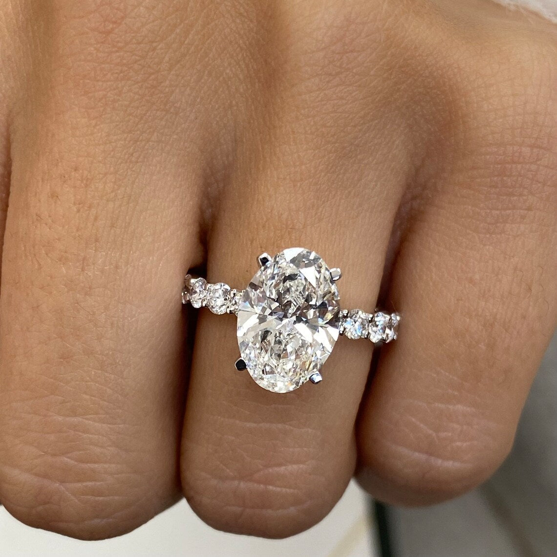 3.0 CT Oval Moissanite Hidden Halo Engagement Ring With Pave Setting