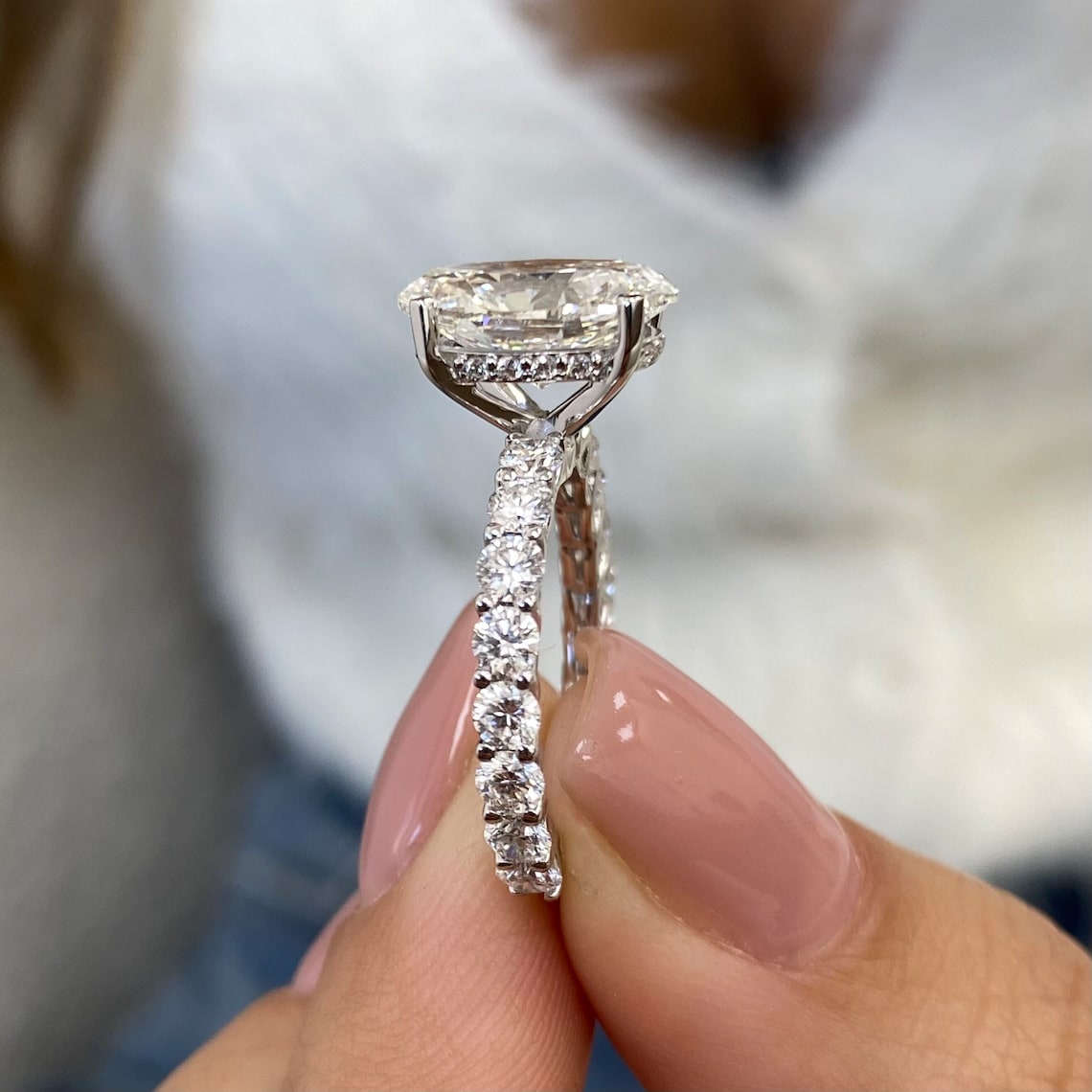 3.0 CT Oval Moissanite Hidden Halo Engagement Ring With Pave Setting