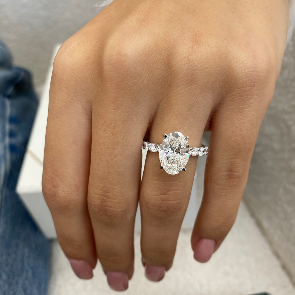 3.0 CT Oval Moissanite Hidden Halo Engagement Ring With Pave Setting