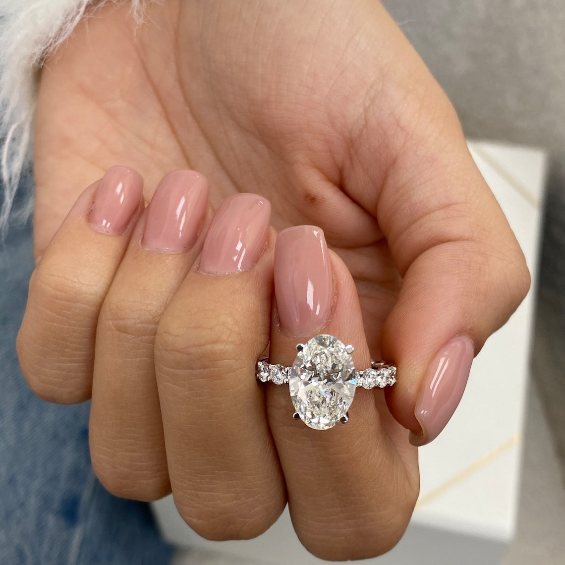 3.0 CT Oval Moissanite Hidden Halo Engagement Ring With Pave Setting