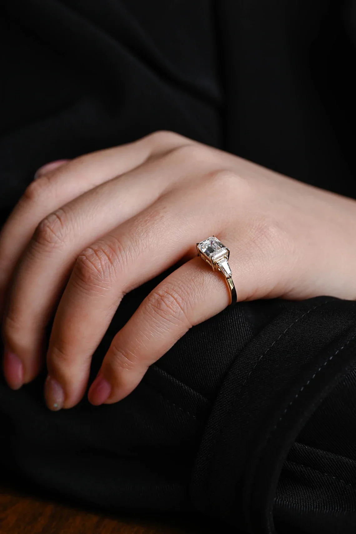 1.50 CT East West Emerald Cut Three Stone Moissanite Engagement Ring