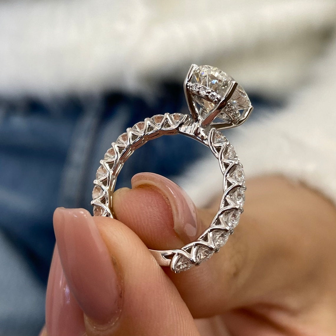 3.0 CT Oval Moissanite Hidden Halo Engagement Ring With Pave Setting