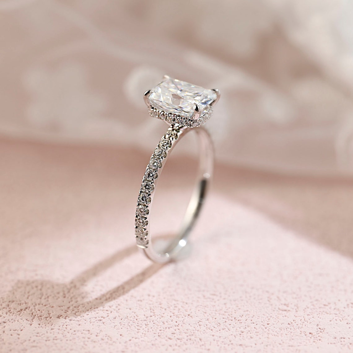 1.5 CT Radiant Moissanite Hidden Halo & Pave Engagement Ring