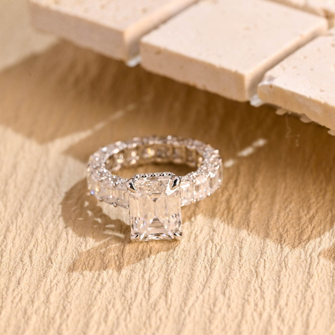 1.0 CT Emerald Cut Hidden Halo Moissanite Engagement Ring