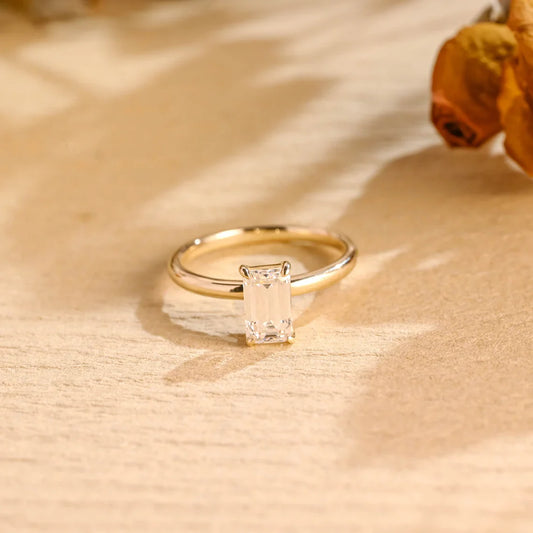 1.50 CT Elongated Emerald Cut Solitaire Moissanite Engagement Ring