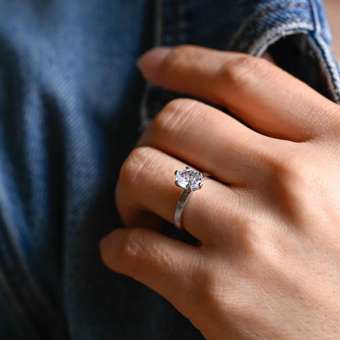 1.0 CT Oval Cut Wide Band Solitaire Moissanite Engagement Ring