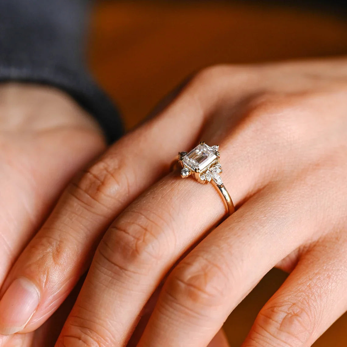 1.0 CT Emerald Cut Cluster Diamond Moissanite Engagement Ring