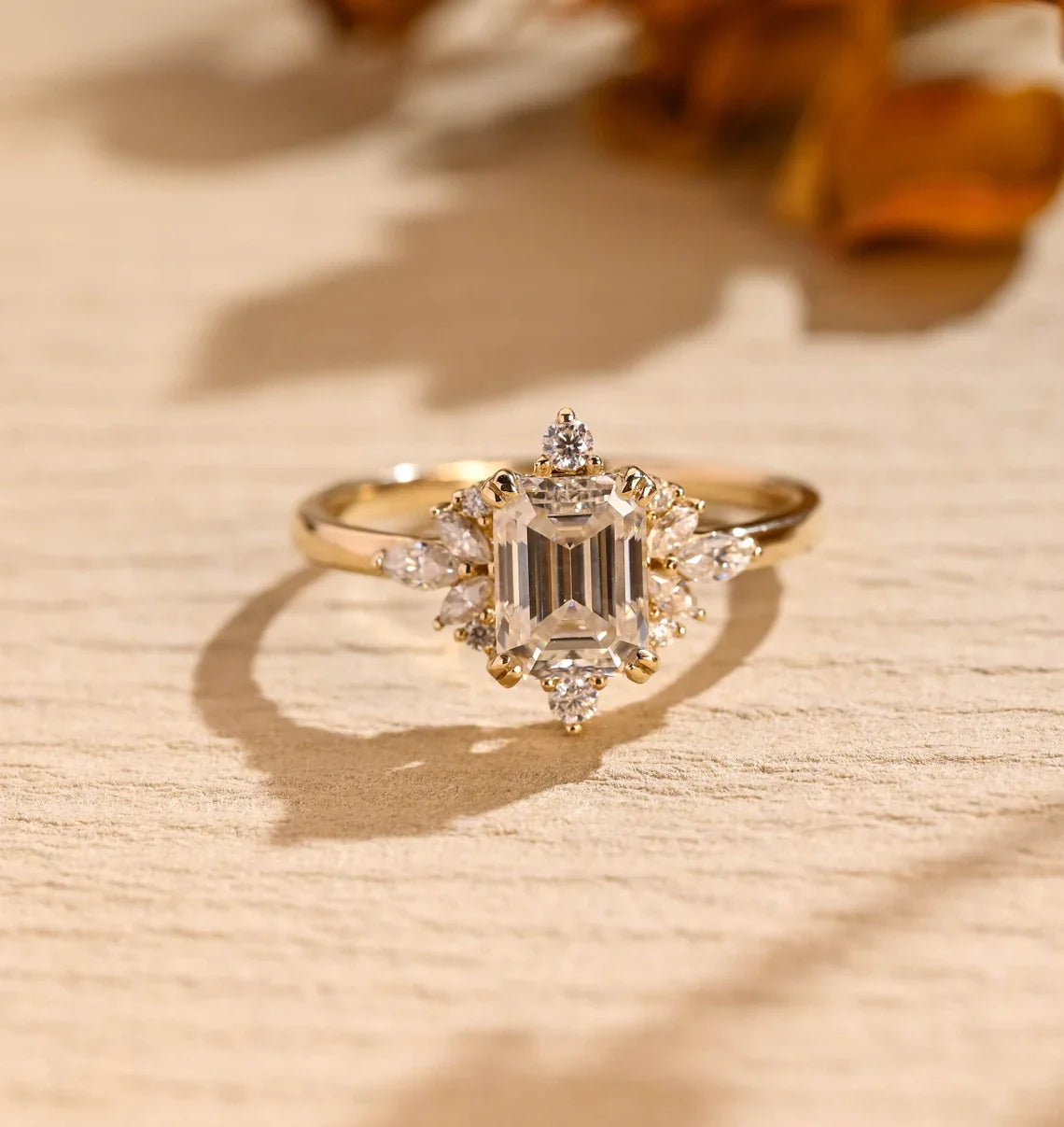 1.0 CT Emerald Cut Cluster Diamond Moissanite Engagement Ring
