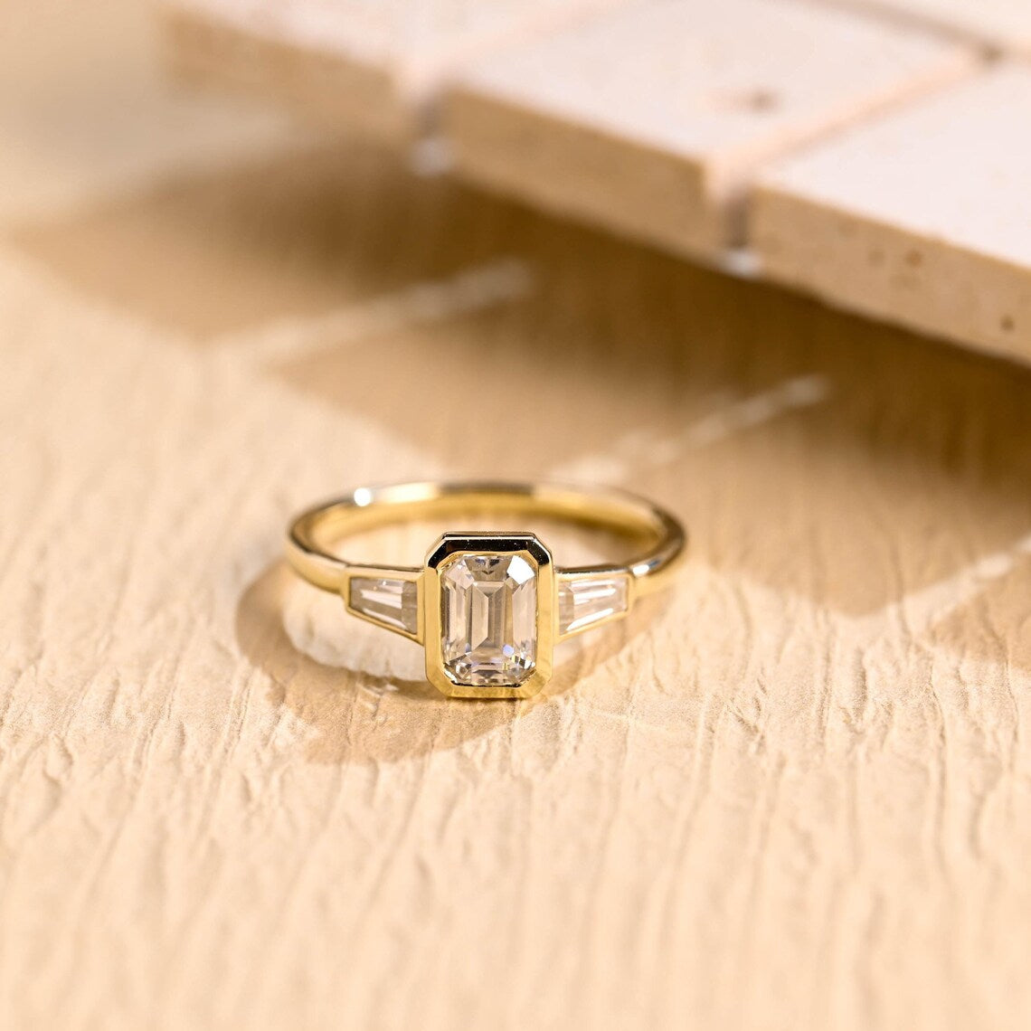 1.0 CT Emerald Cut Three Stone Bezel Setting Moissanite Engagement Ring