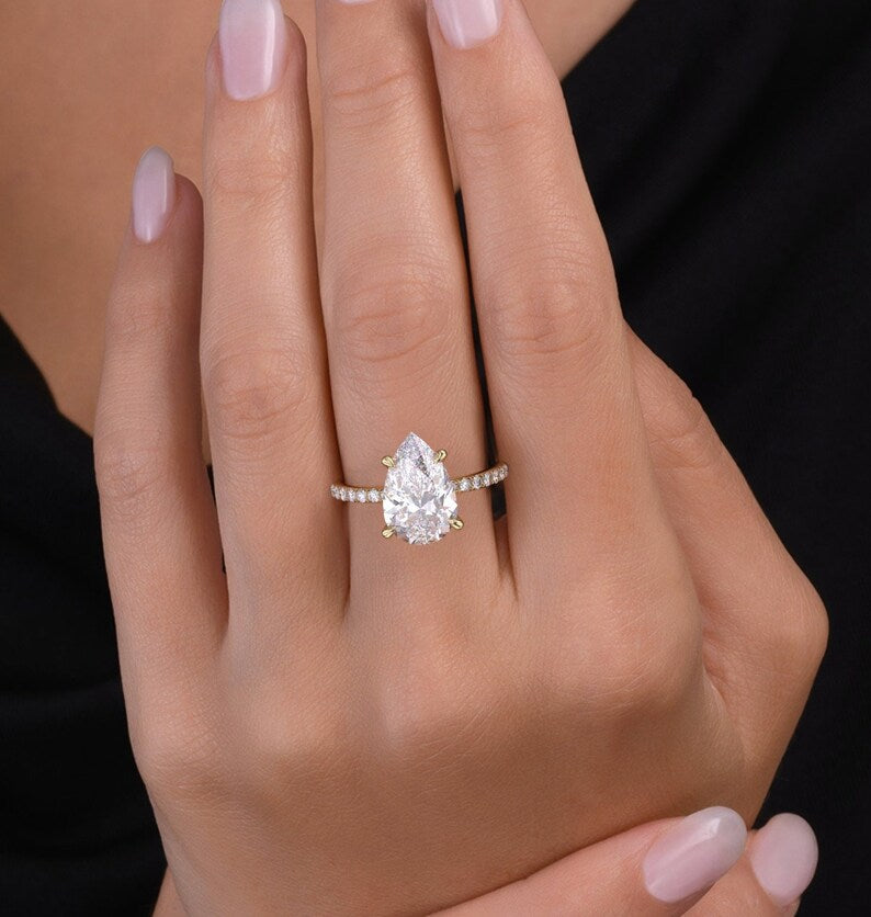 3CT Pear Diamond Hidden Halo Moissanite Engagement Ring