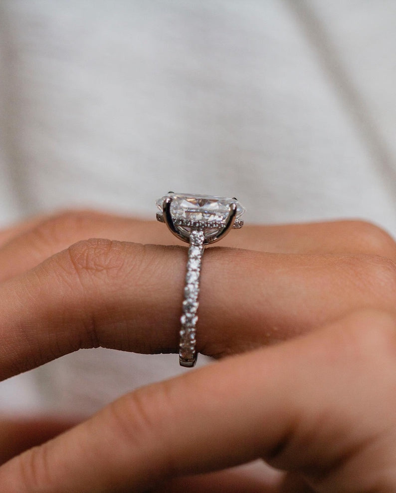 6.20ct Elongated Oval Cut Hidden Halo Diamond Moissanite Pave Engagement Ring For Women