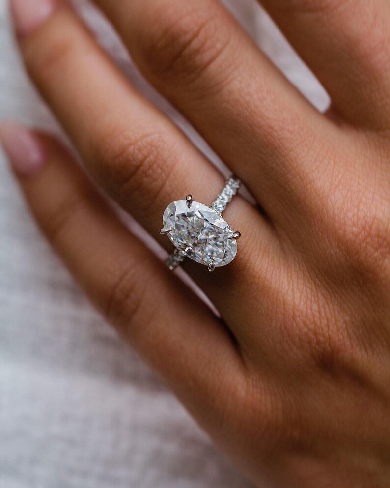 6.20ct Elongated Oval Cut Hidden Halo Diamond Moissanite Pave Engagement Ring For Women