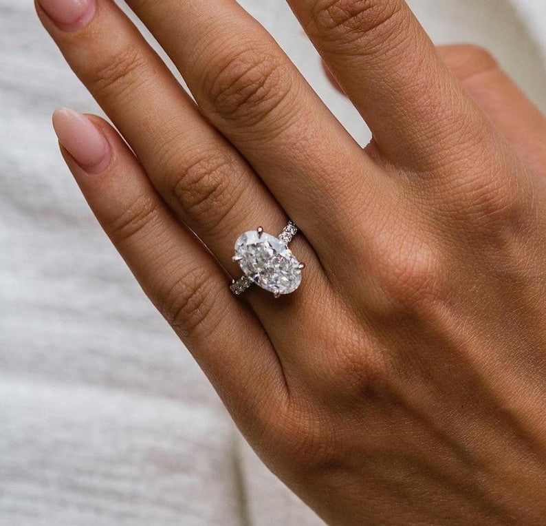 6.20ct Elongated Oval Cut Hidden Halo Diamond Moissanite Pave Engagement Ring For Women