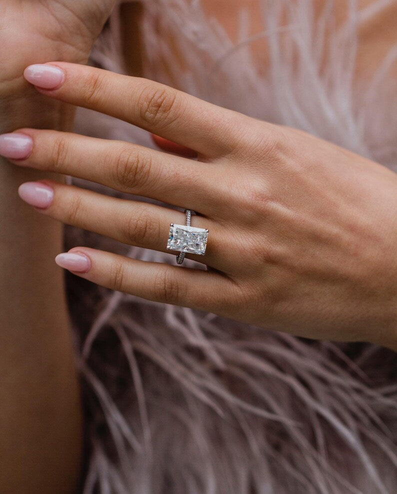 7.45ct Elongated Radiant Cut Hidden Halo Moissanite Diamond Engagement Ring