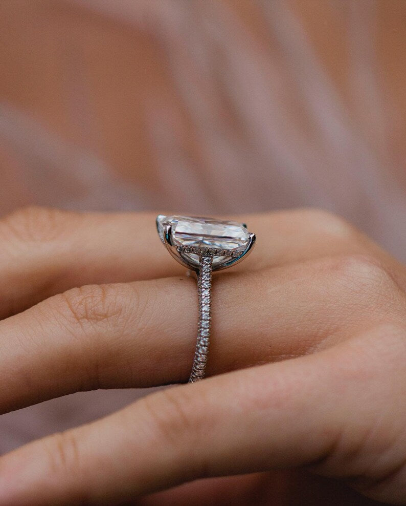 7.45ct Elongated Radiant Cut Hidden Halo Moissanite Diamond Engagement Ring