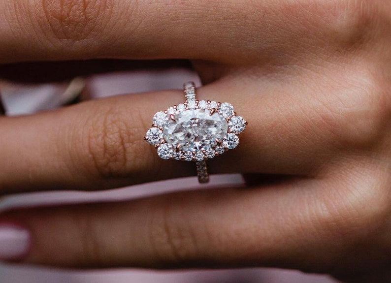 3.5ct Elongated Oval Cut Cluster Moissanite Diamond Engagement Ring For Women