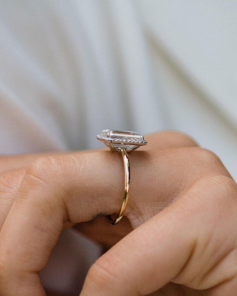 3.0ct Emerald Cut Halo Moissanite Diamond Engagement Ring