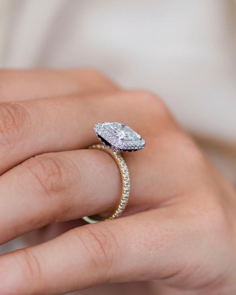 2.75ct Asscher Cut Halo Moissanite Diamond Pave Engagement Ring