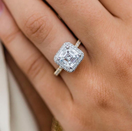 2.75ct Asscher Cut Halo Moissanite Diamond Pave Engagement Ring